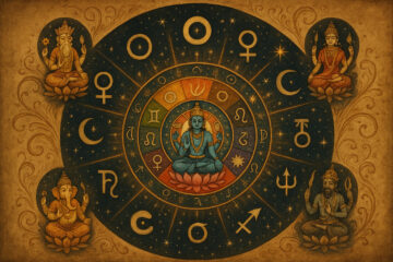 A cosmic Vedic mandala with no text: a blue deity seated on a lotus in the center, surrounded by circular rings of astrological symbols, planetary glyphs, and star patterns. Four other deities sit on lotuses at the corners, and the entire piece is rendered in an ancient parchment style with glowing gold light and celestial motifs.