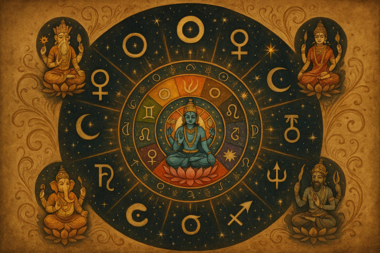 A cosmic Vedic mandala with no text: a blue deity seated on a lotus in the center, surrounded by circular rings of astrological symbols, planetary glyphs, and star patterns. Four other deities sit on lotuses at the corners, and the entire piece is rendered in an ancient parchment style with glowing gold light and celestial motifs.