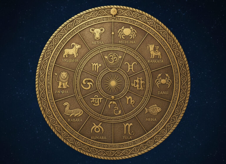 A detailed, embossed gold relief of a circular Vedic Astrology (Jyotish) chart on a dark, star-filled, deep blue background. The wheel shows the twelve zodiac signs (Rasis) with both their symbolic animal/figure illustrations (e.g., Ram for Mesha, Bull for Vrushabha, Crab for Karkata, Lion for Simha) and their Sanskrit names written around the outer ring. The inner rings contain the twelve house divisions and various astrological symbols, including the Om symbol at the center top. The words "Vedic Jyotish" are elegantly scripted below the wheel.